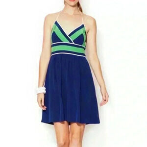 NWT Trina Turk Silk Blue Green Colorblock Halter Neck Summer Dress